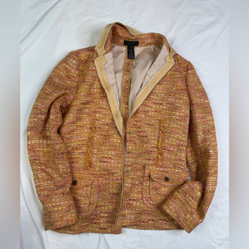 J Crew Womens Blazer Size 2 Orange Tweed Long Sleeve Cotton Jacket A030224